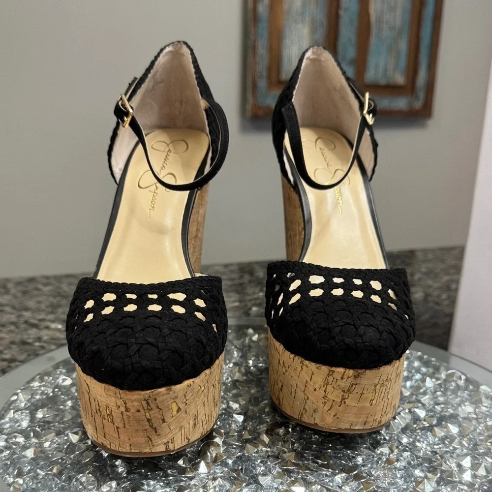 Jessica Simpson Black Crochet Wedges with Cork Platform NEW 9